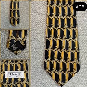 Louis Feraud Silk Tie Black Gold Geometric Pattern Made in Italy